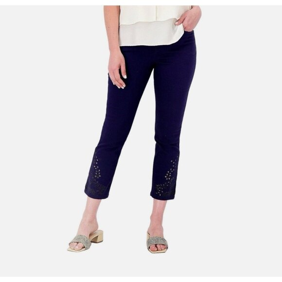 Laurie Felt Petite Daisy Floral Embroidered Ankle Jeans 28WP Navy A499891‎ NEW - Picture 1 of 3